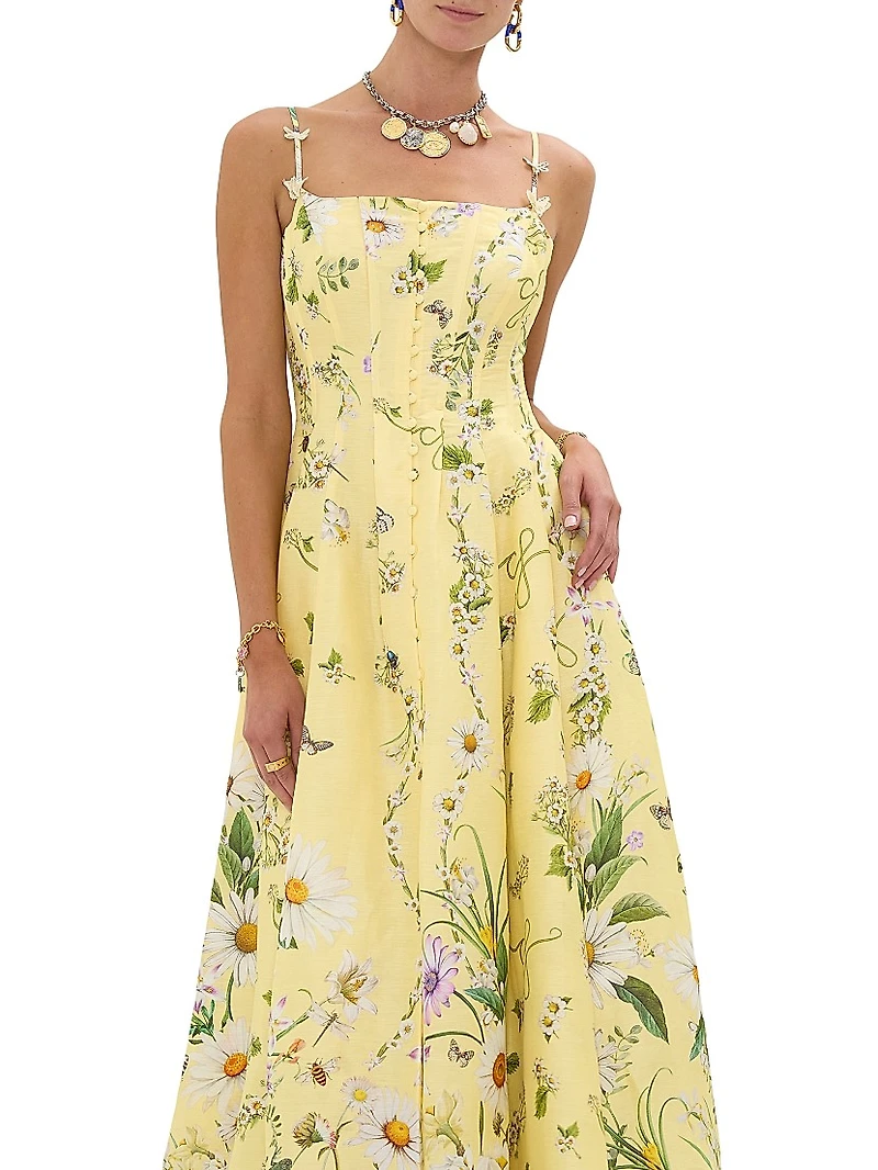 Daisy Chains Floral Linen-Silk Midi-Dress