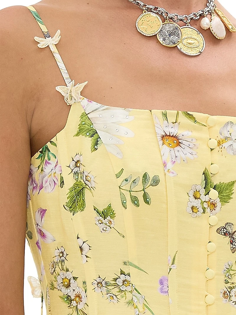 Daisy Chains Floral Linen-Silk Midi-Dress