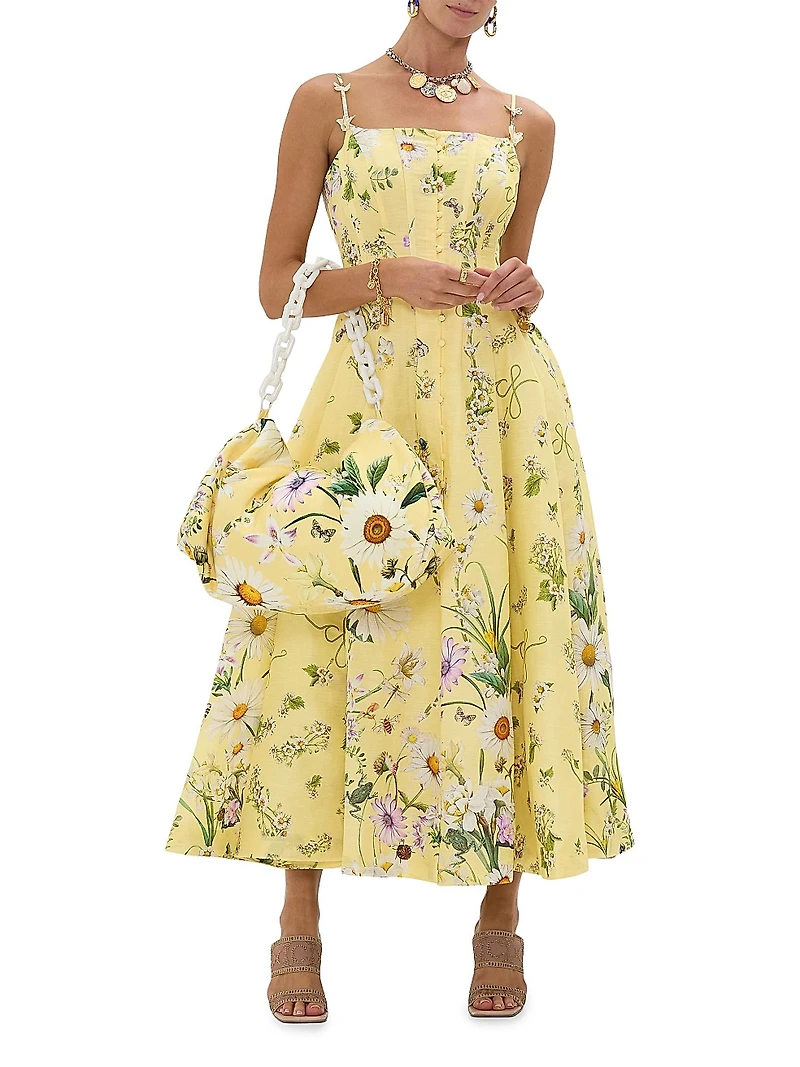 Daisy Chains Floral Linen-Silk Midi-Dress
