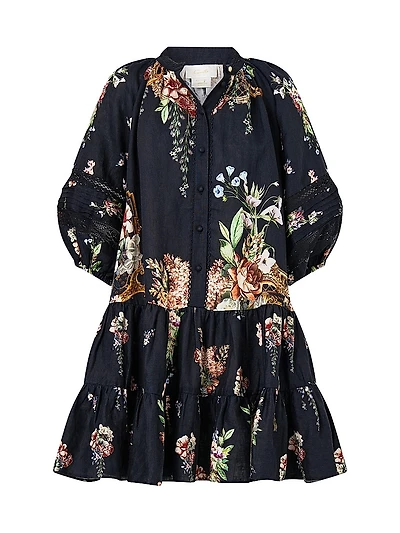 Noble Endeavours Floral Linen Puff-Sleeve Minidress