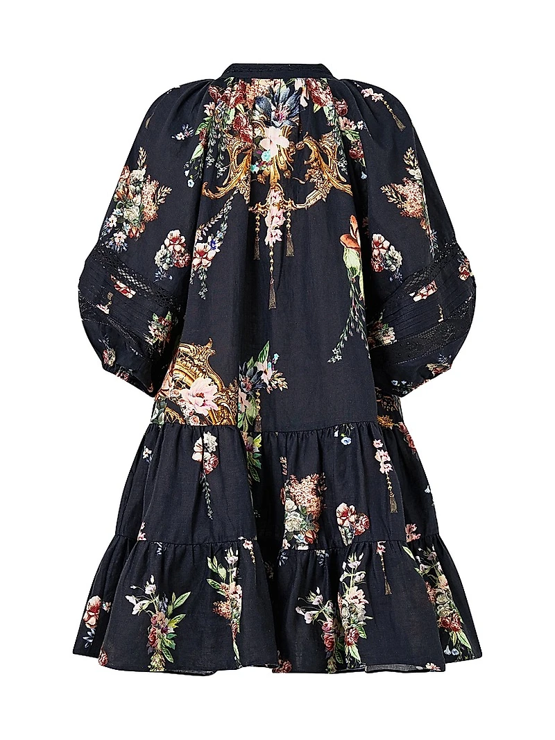 Noble Endeavours Floral Linen Puff-Sleeve Minidress