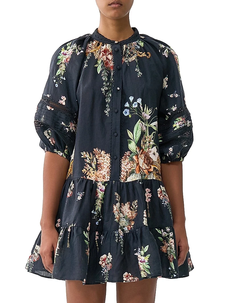 Noble Endeavours Floral Linen Puff-Sleeve Minidress