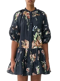Noble Endeavours Floral Linen Puff-Sleeve Minidress