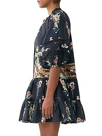 Noble Endeavours Floral Linen Puff-Sleeve Minidress