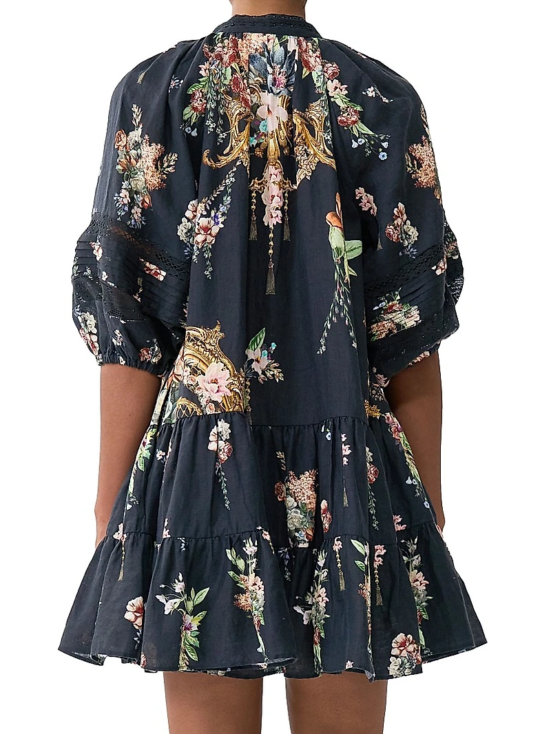 Noble Endeavours Floral Linen Puff-Sleeve Minidress