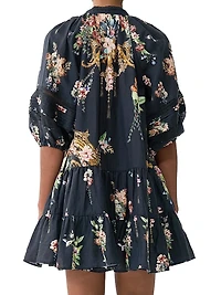 Noble Endeavours Floral Linen Puff-Sleeve Minidress