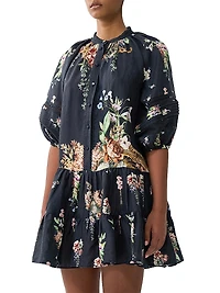 Noble Endeavours Floral Linen Puff-Sleeve Minidress