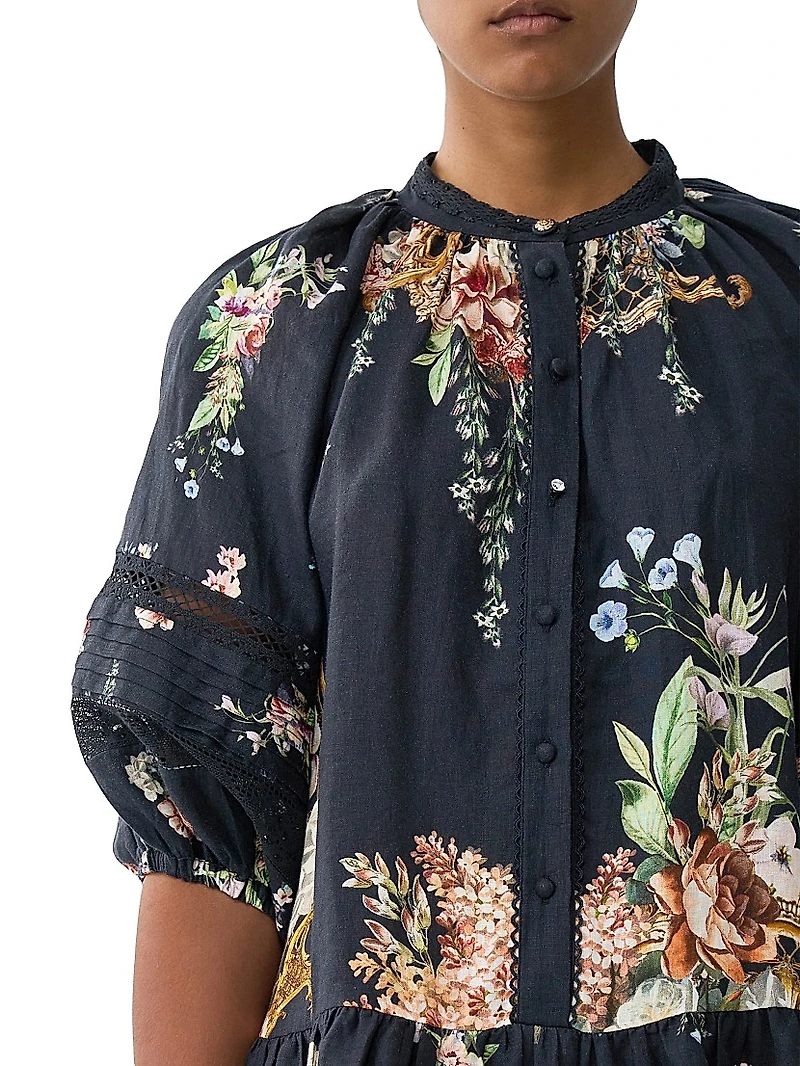 Noble Endeavours Floral Linen Puff-Sleeve Minidress