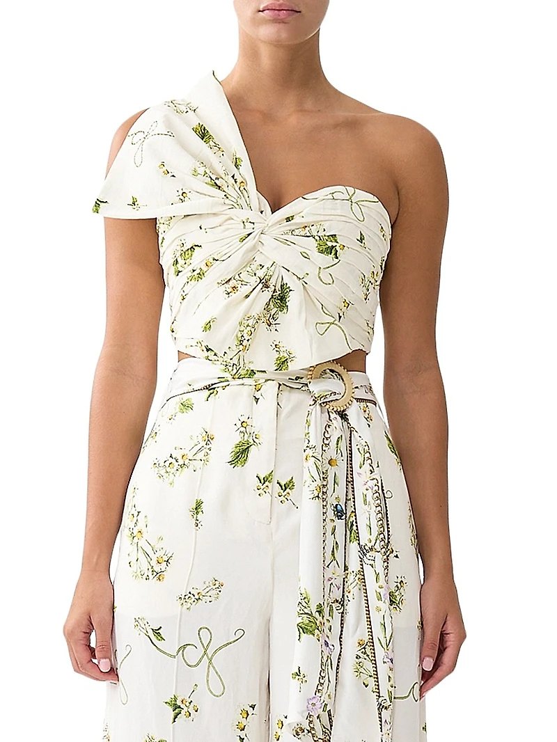 Botanical Utopia Linen-Silk Asymmetric Bow Top