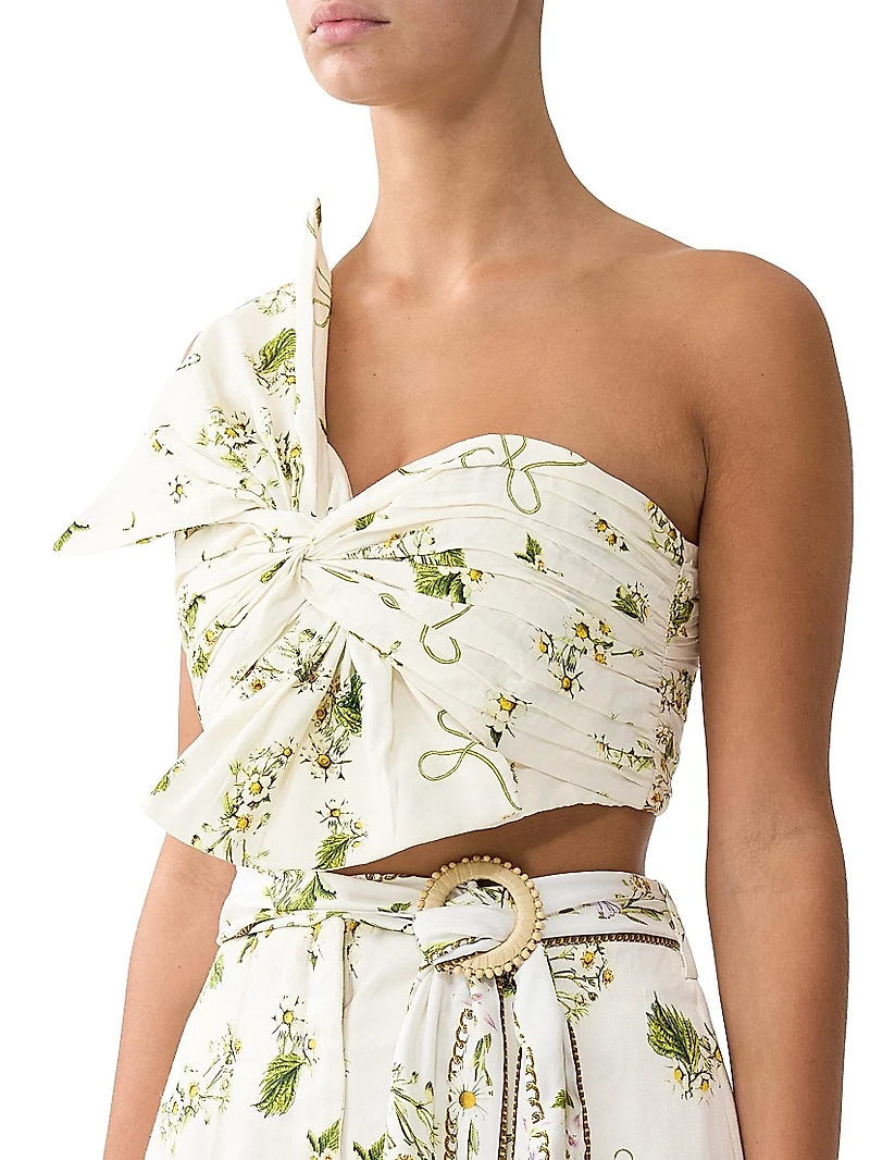 Botanical Utopia Linen-Silk Asymmetric Bow Top