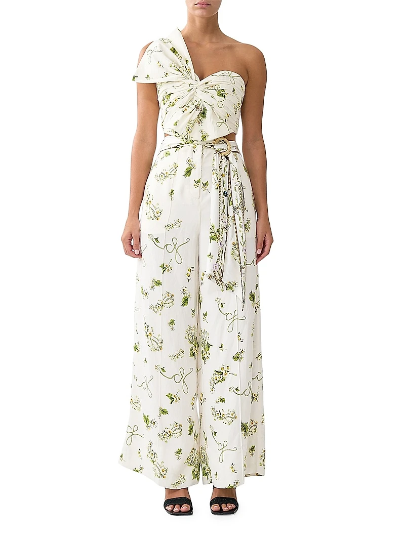 Botanical Utopia Linen-Silk Asymmetric Bow Top