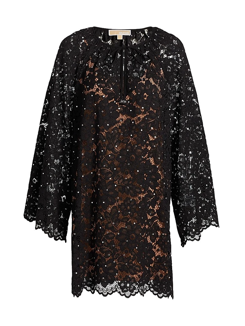 Embellished Lace Long-Sleeve Minidress