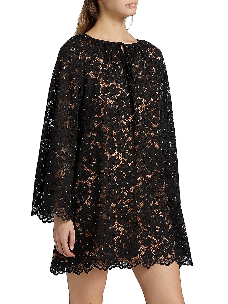 Embellished Lace Long-Sleeve Minidress