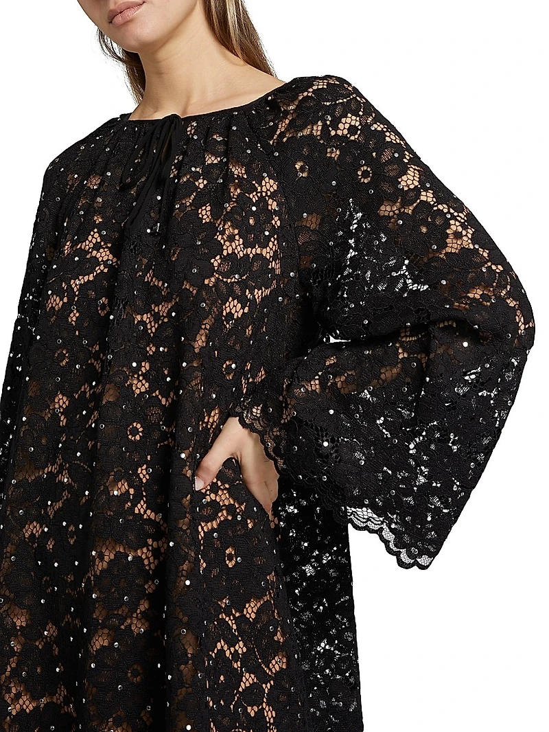 Embellished Lace Long-Sleeve Minidress