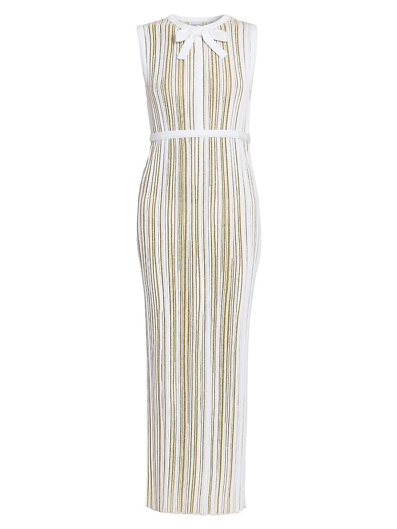 Metallic Plissé Bow Midi-Dress