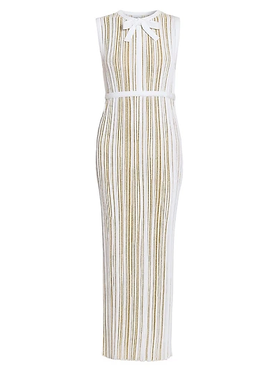 Metallic Plissé Bow Midi-Dress
