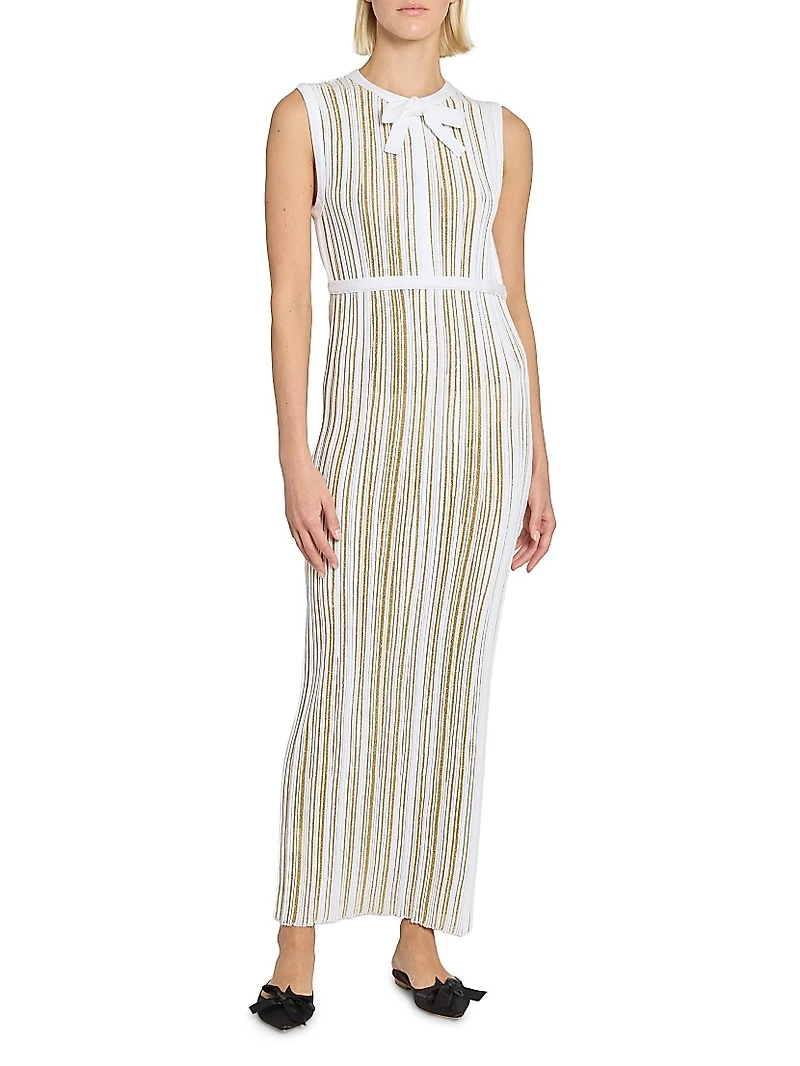 Metallic Plissé Bow Midi-Dress