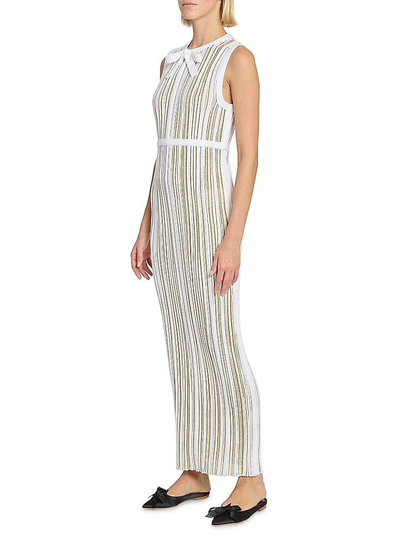 Metallic Plissé Bow Midi-Dress