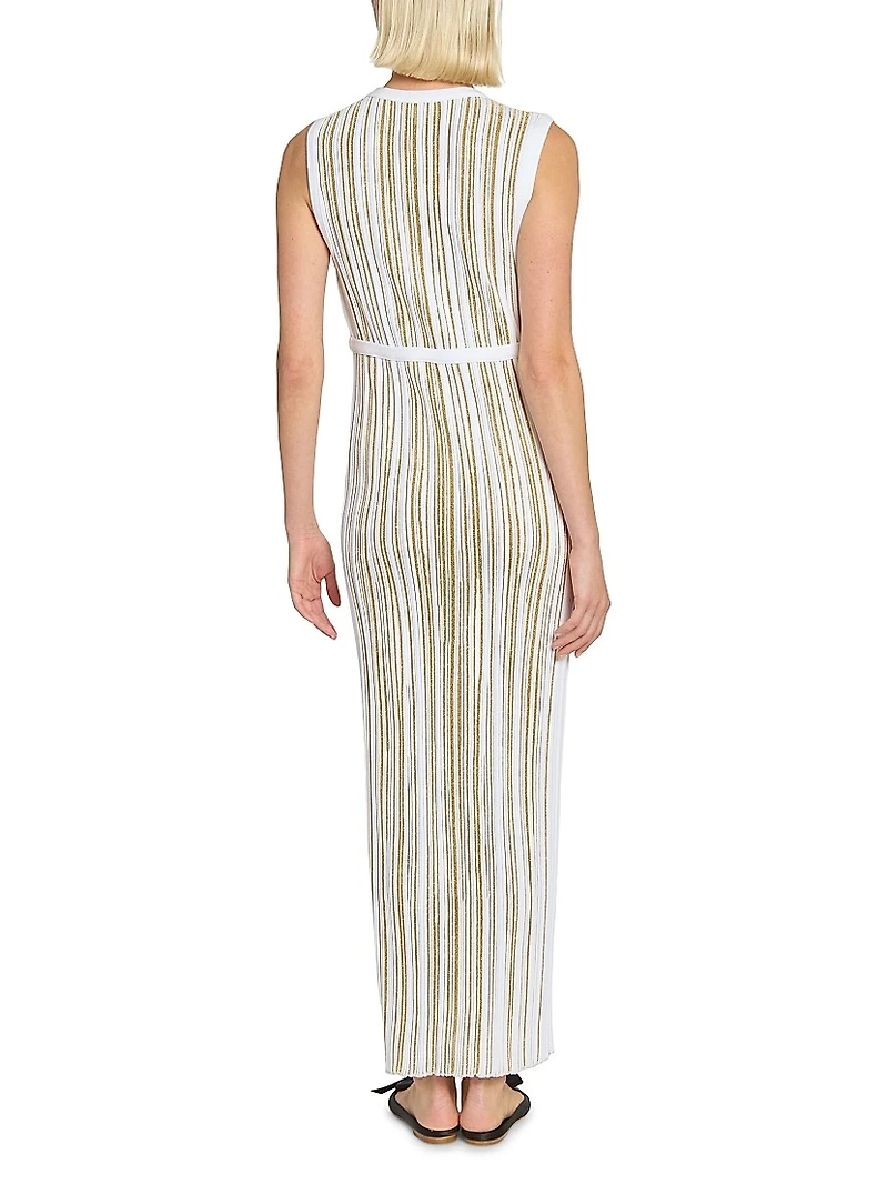 Metallic Plissé Bow Midi-Dress