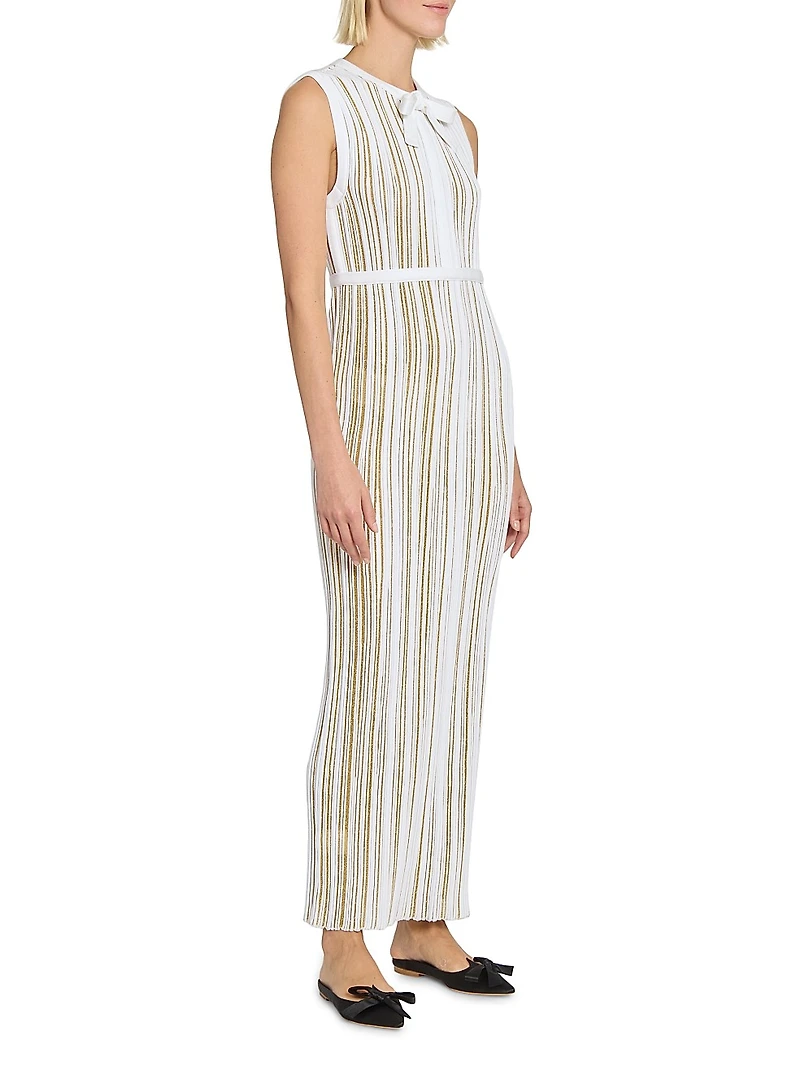 Metallic Plissé Bow Midi-Dress