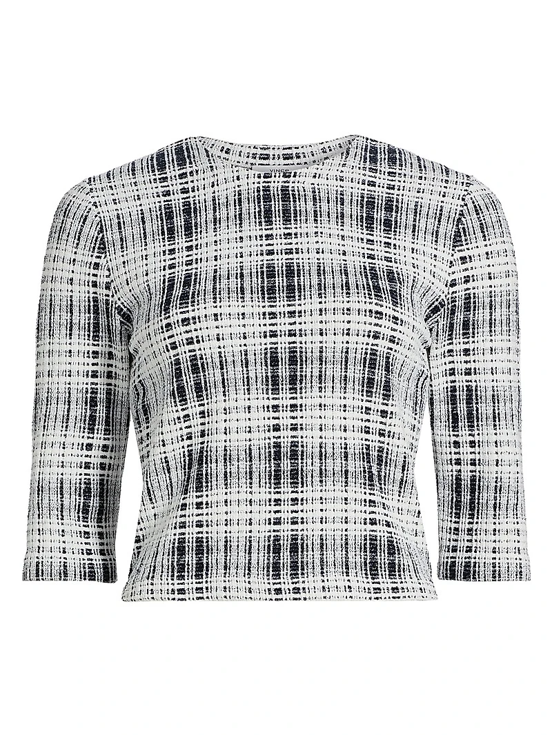 Boucle Plaid Elbow-Sleeve Top