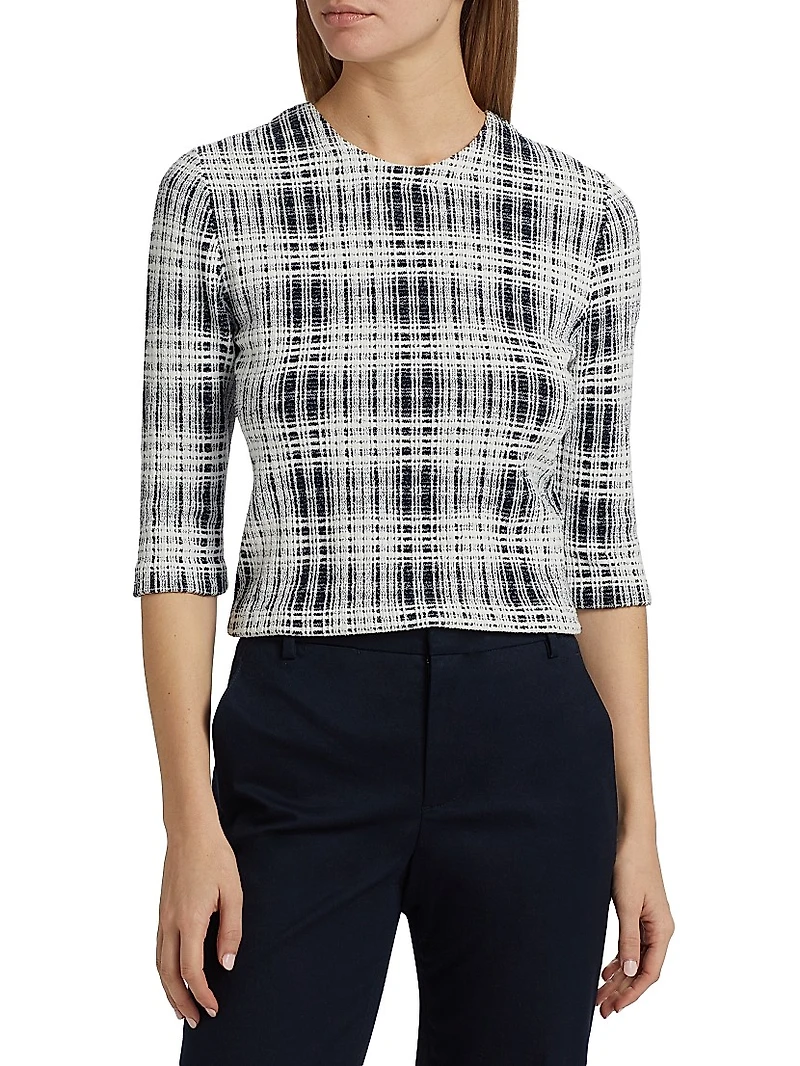Boucle Plaid Elbow-Sleeve Top