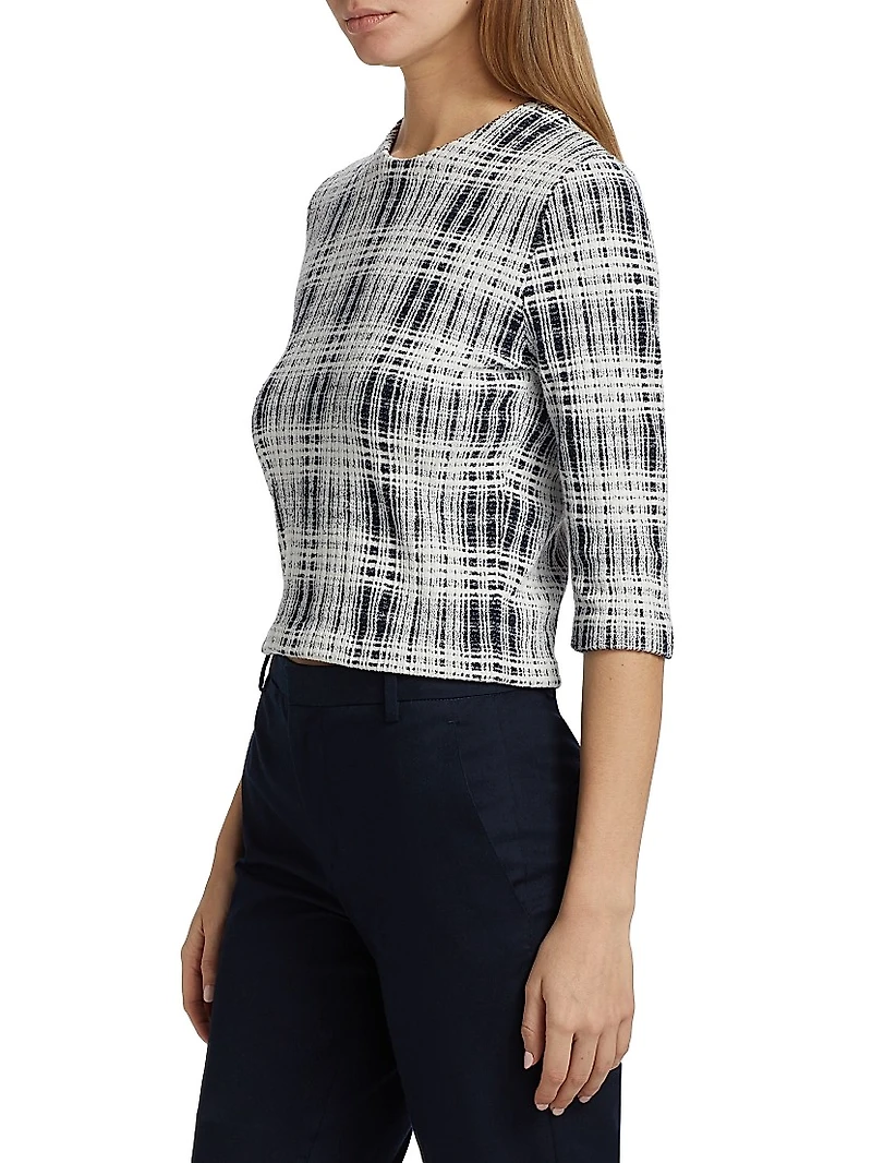 Boucle Plaid Elbow-Sleeve Top