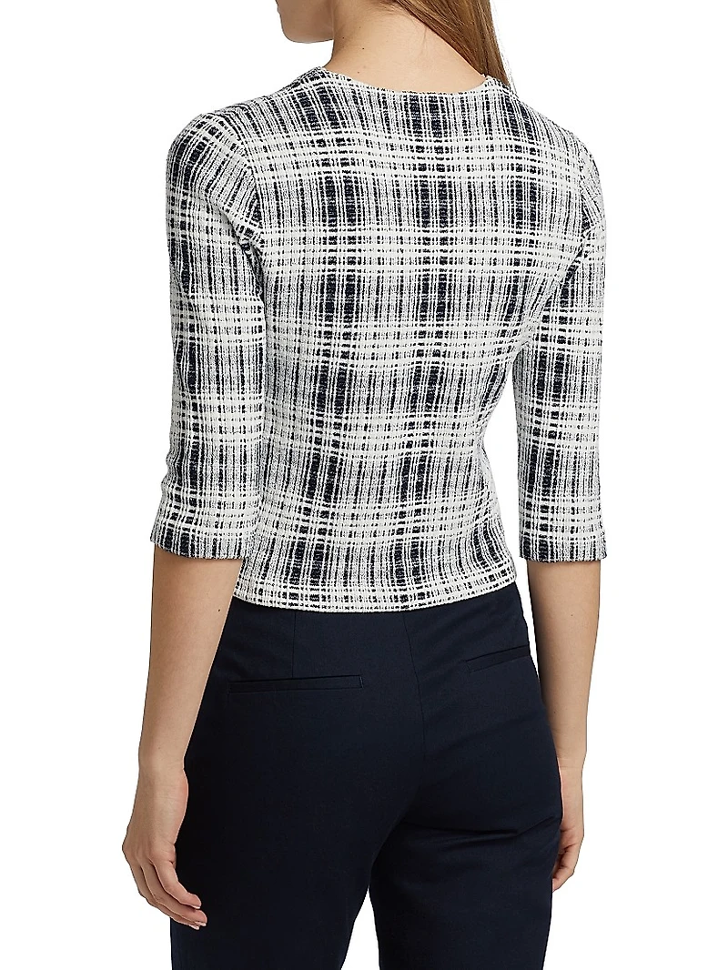 Boucle Plaid Elbow-Sleeve Top