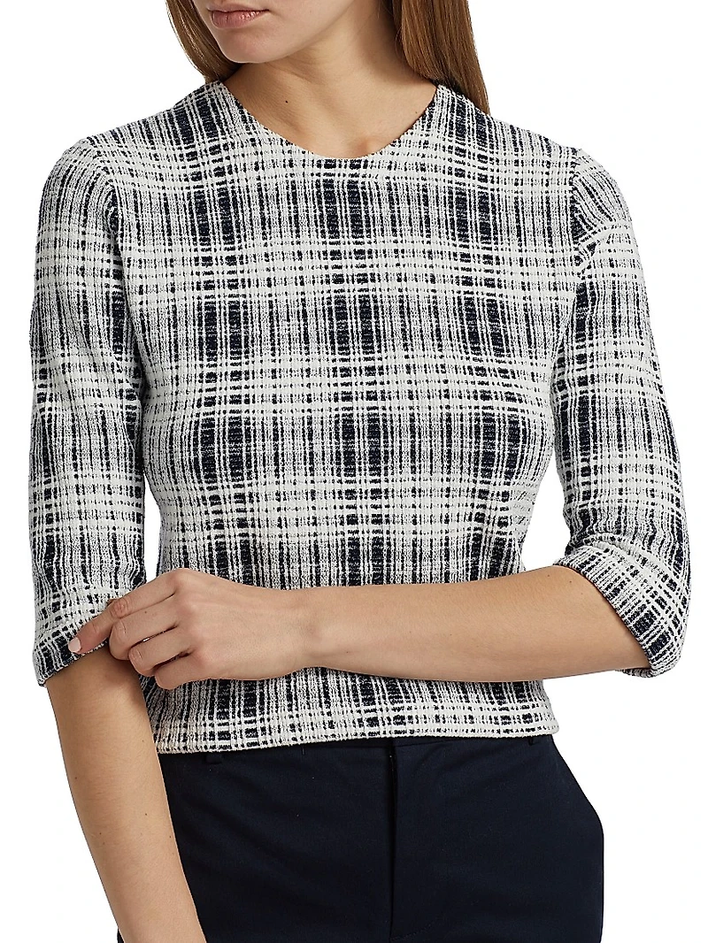 Boucle Plaid Elbow-Sleeve Top