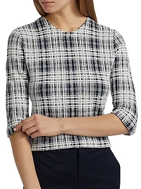 Boucle Plaid Elbow-Sleeve Top