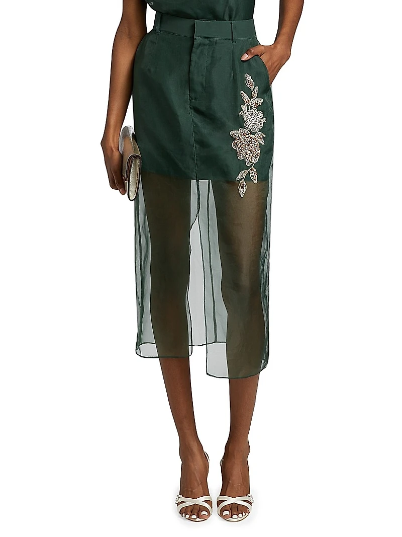 Karina Silk Floral-Embellished Midi-Skirt