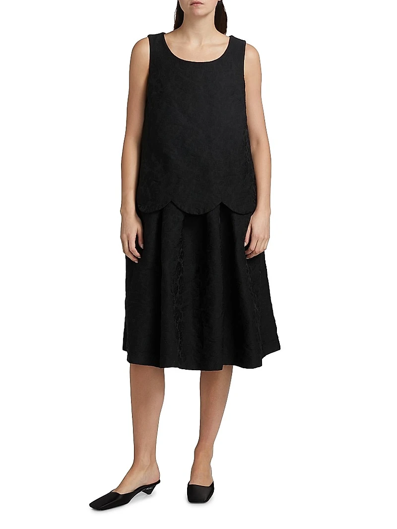 Jacquard Scallop-Trim Sleeveless Midi-Dress