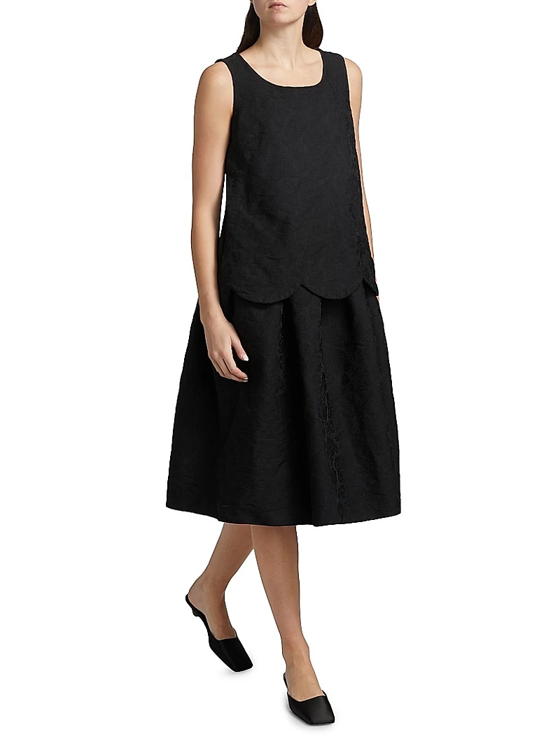 Jacquard Scallop-Trim Sleeveless Midi-Dress