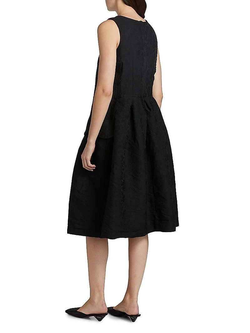 Jacquard Scallop-Trim Sleeveless Midi-Dress
