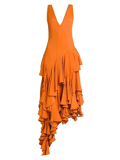 Ruffled Asymmetric Midi-Dress