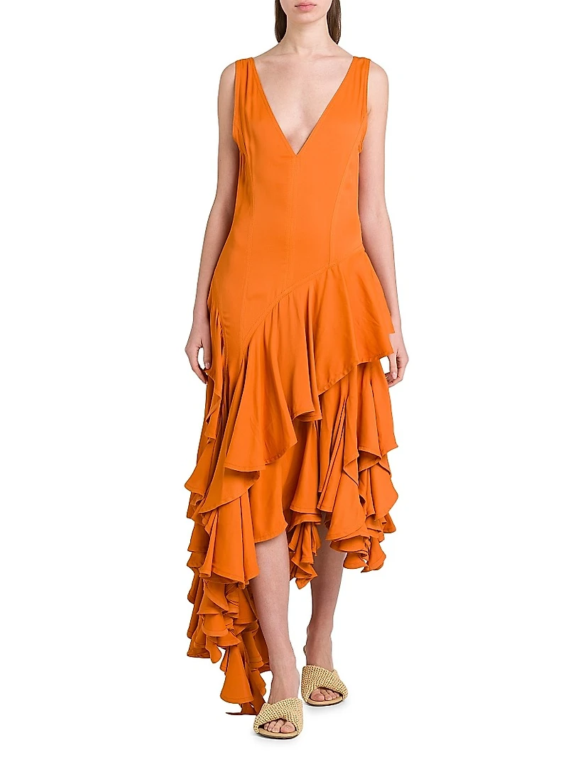 Ruffled Asymmetric Midi-Dress