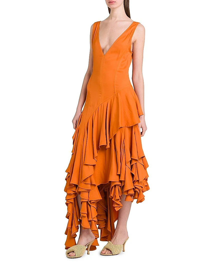 Ruffled Asymmetric Midi-Dress