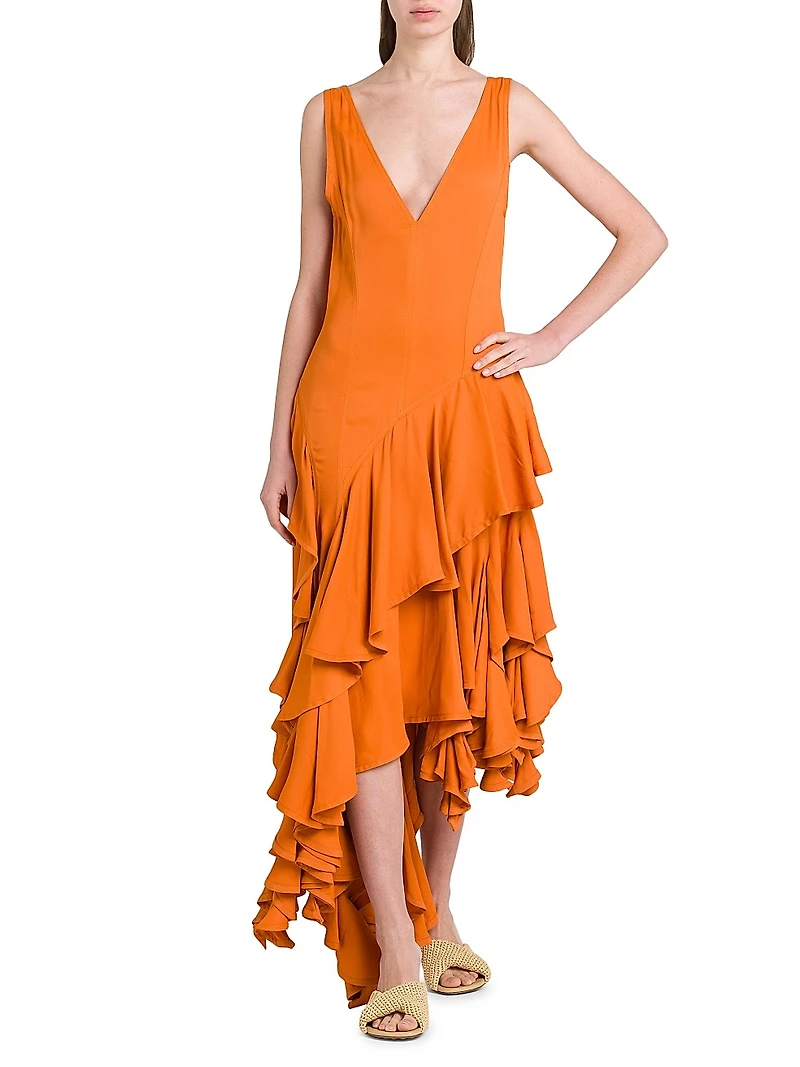 Ruffled Asymmetric Midi-Dress