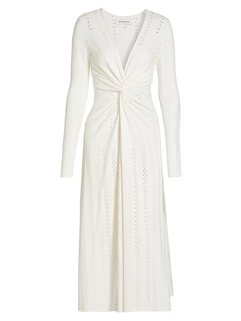 Eyelet Twist-Front Midi-Dress