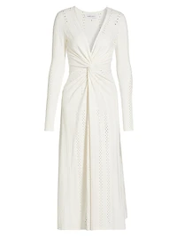 Eyelet Twist-Front Midi-Dress