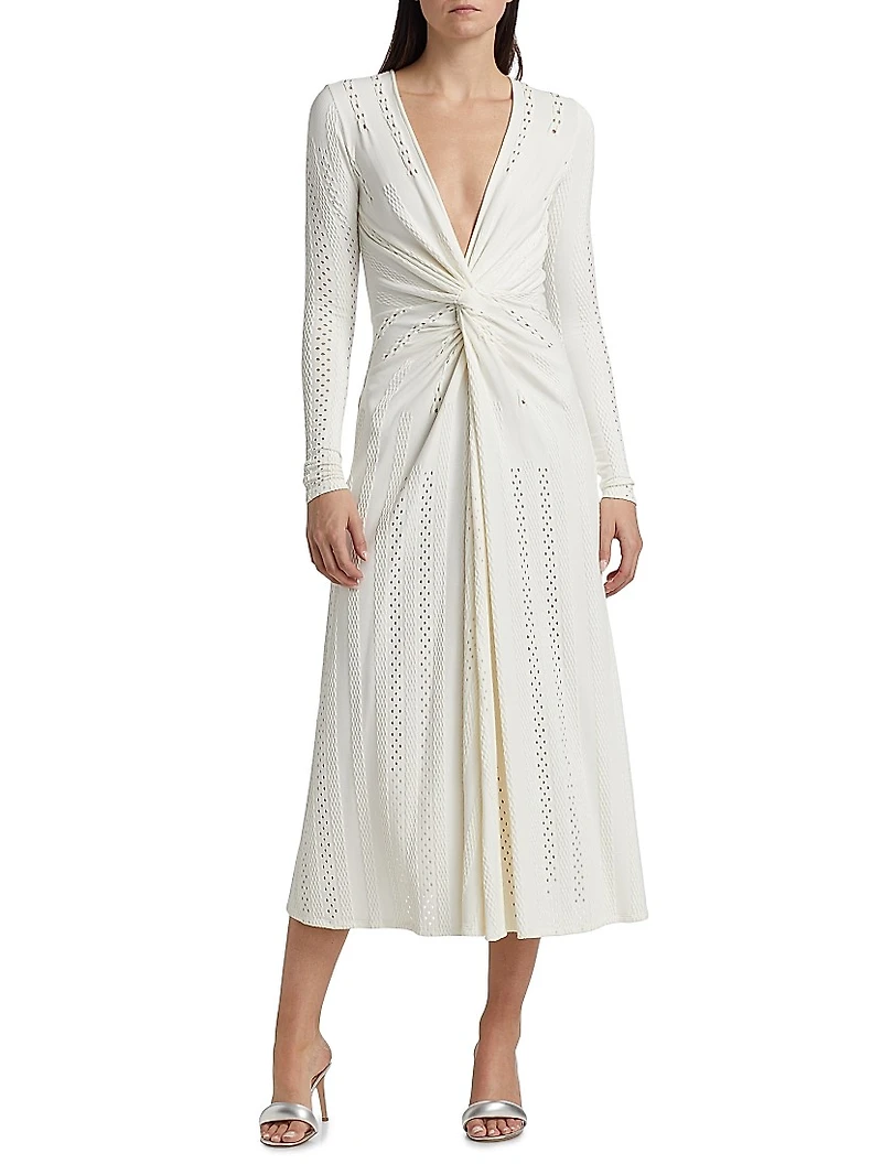 Eyelet Twist-Front Midi-Dress