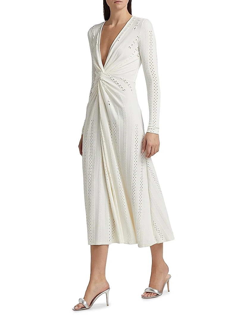 Eyelet Twist-Front Midi-Dress