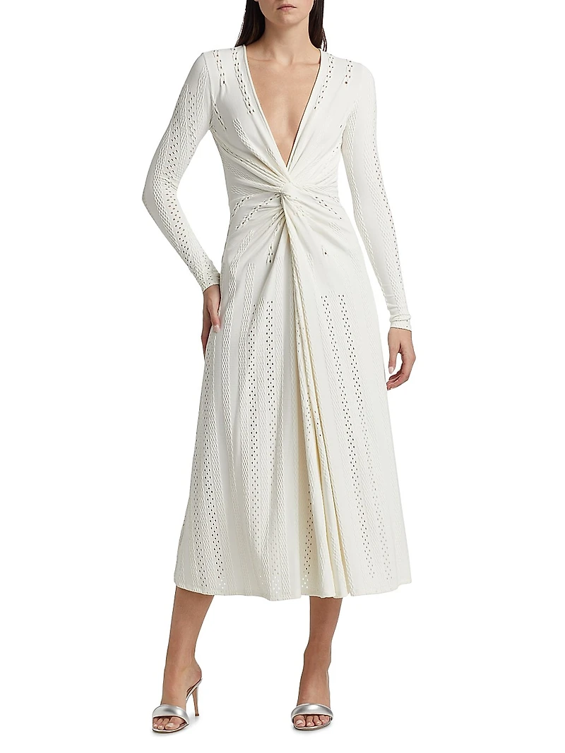 Eyelet Twist-Front Midi-Dress