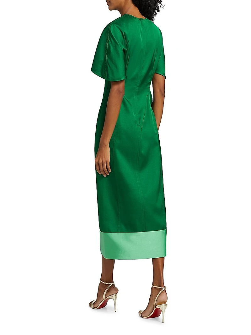 Colorblocked Satin Tie-Waist Midi-Dress