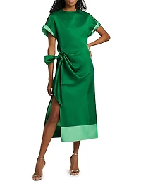 Colorblocked Satin Tie-Waist Midi-Dress