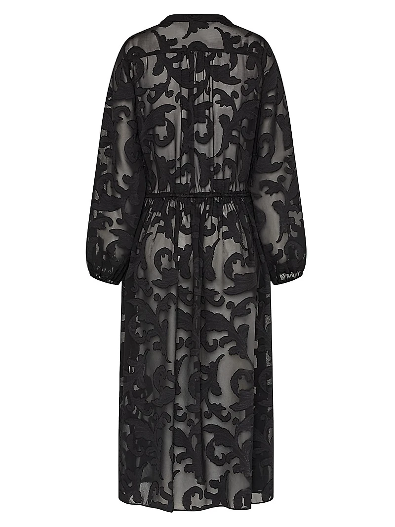 Scroll Burnout Tie-Waist Maxi-Dress