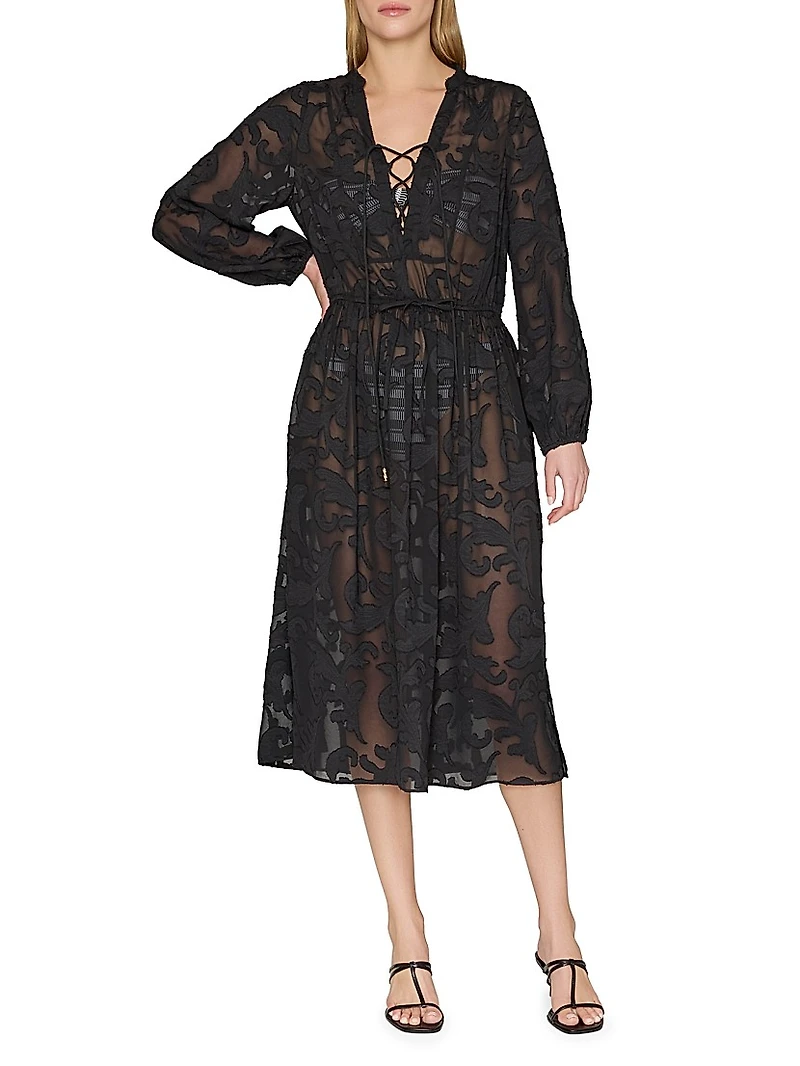 Scroll Burnout Tie-Waist Maxi-Dress