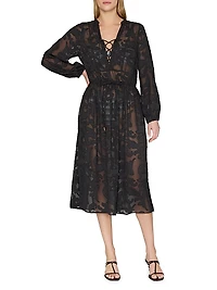 Scroll Burnout Tie-Waist Maxi-Dress