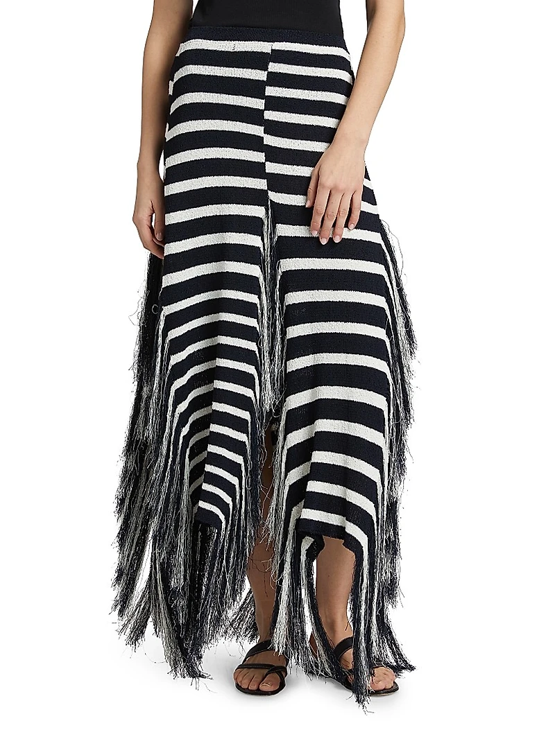 Yves Striped Cotton Fringe Maxi Skirt