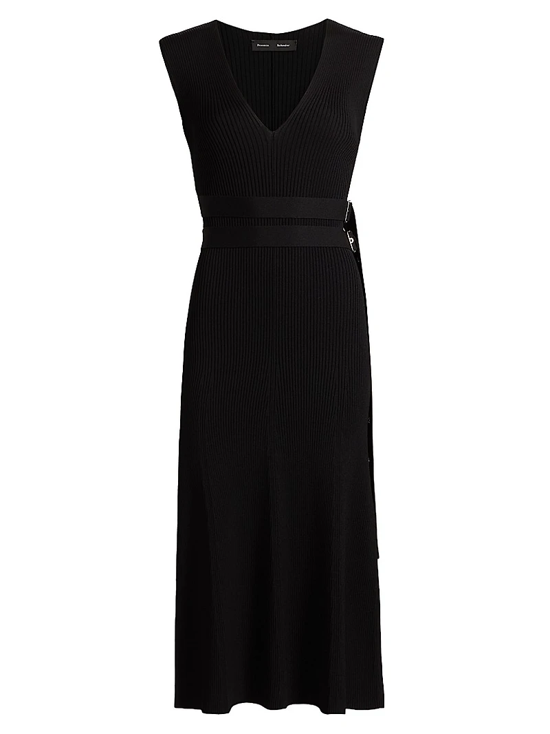 Madeline Belted Rib-Knit Sweater Midi-Dress